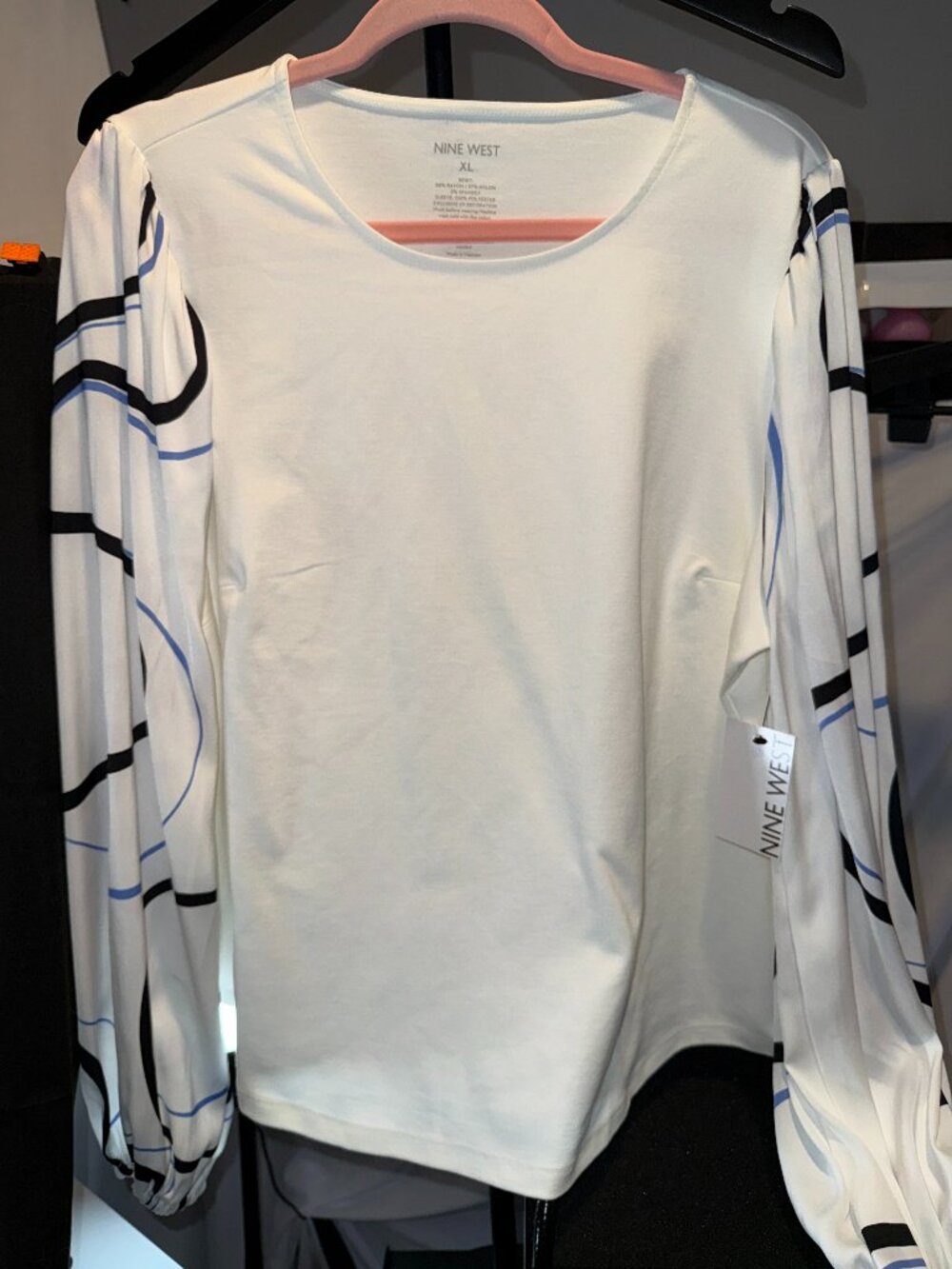 Nine West XL White Abstract Print Balloon Sleeve Stretch Top NWT